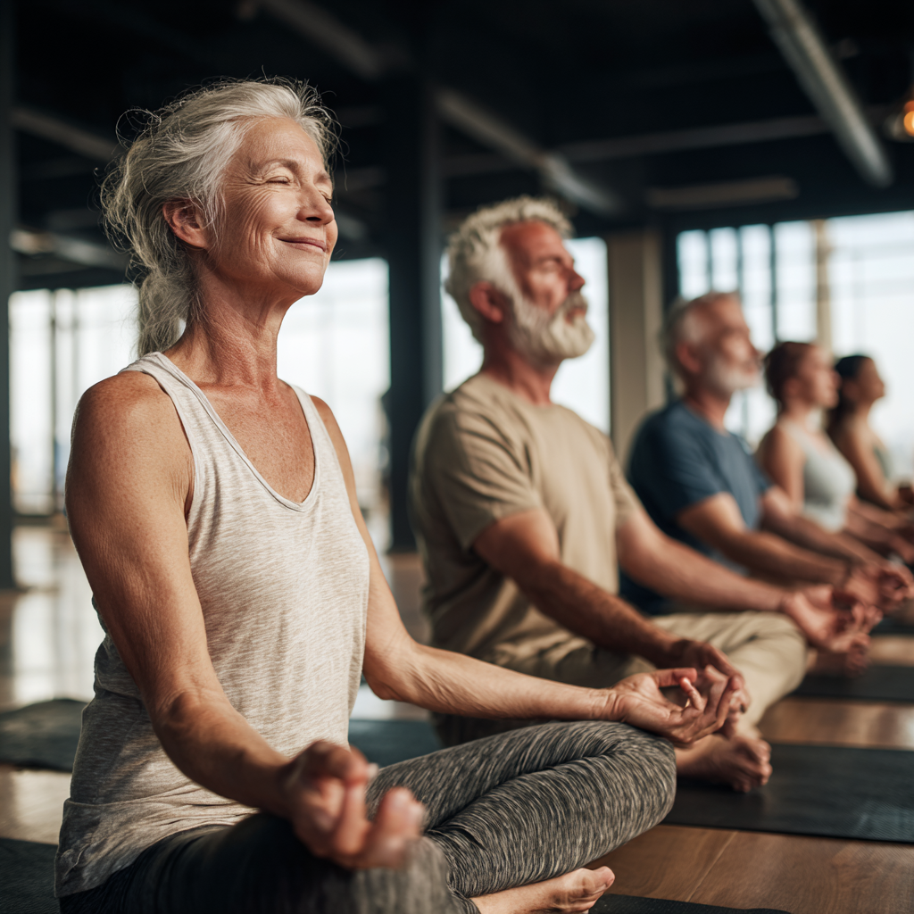 Group of mature adults practicing yoga in peaceful studio environment