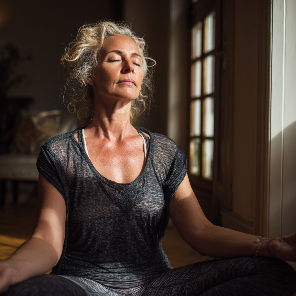 Middle-aged woman in peaceful yoga meditation pose in natural light